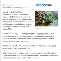 El volumen de fusiones y adquisiciones en Espaa crece un 20% hasta mayo, con 56.588 millones de euros